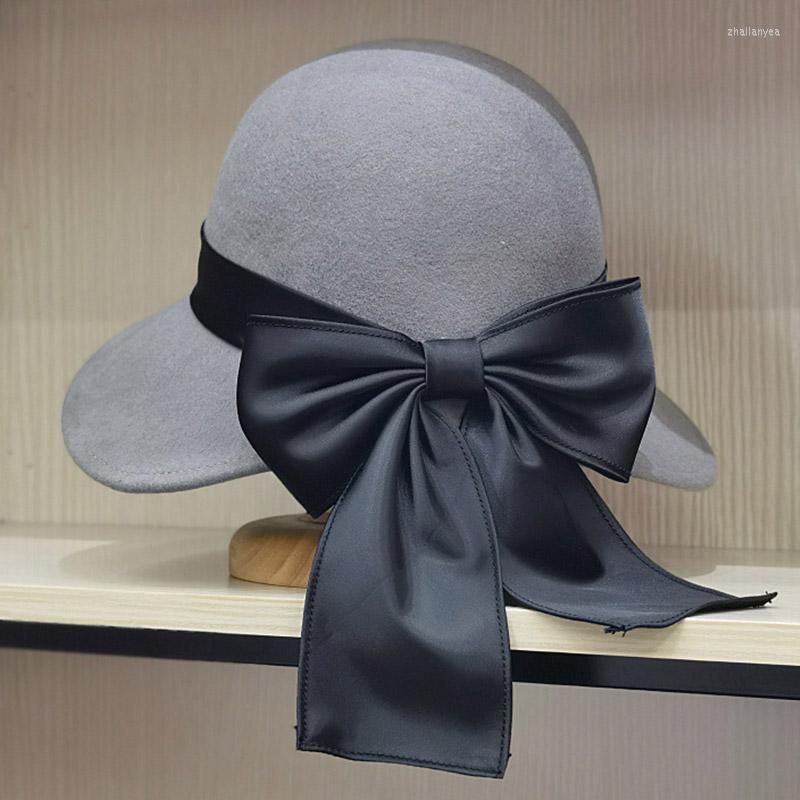 

Berets Winter Cloche Round Hat For Women Wool Fedora Hats Warm Wide Bim Floppy Ribbon Bowknot Dress Felt Bucket, Black