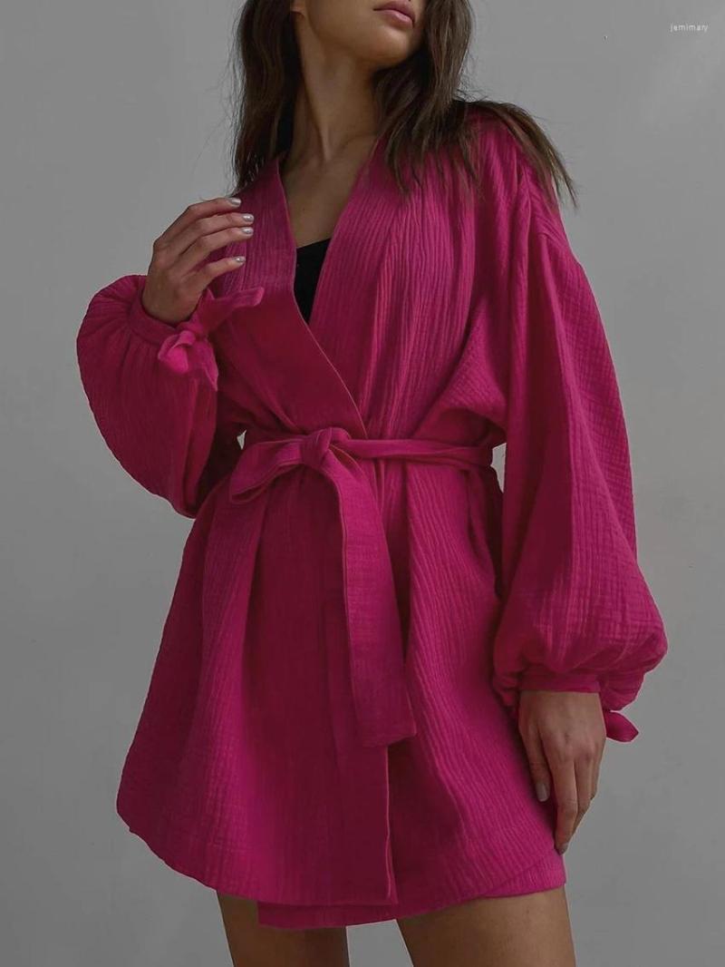 

Women' Tracksuits Spring Stylish V Neck Lantern Sleeve Loose Lace Up Cardigan Blouses & Baggy High Waist Wide Leg Shorts Two Piece Sets, Rose red