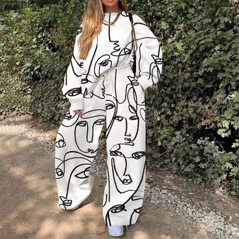 

Women' Two Piece Pants Women Casual Loose Sweatshirt Set Spring Autumn Plus Size Printing Tracksuit Pullovers O-Neck Tops & Wide Leg, Style 5