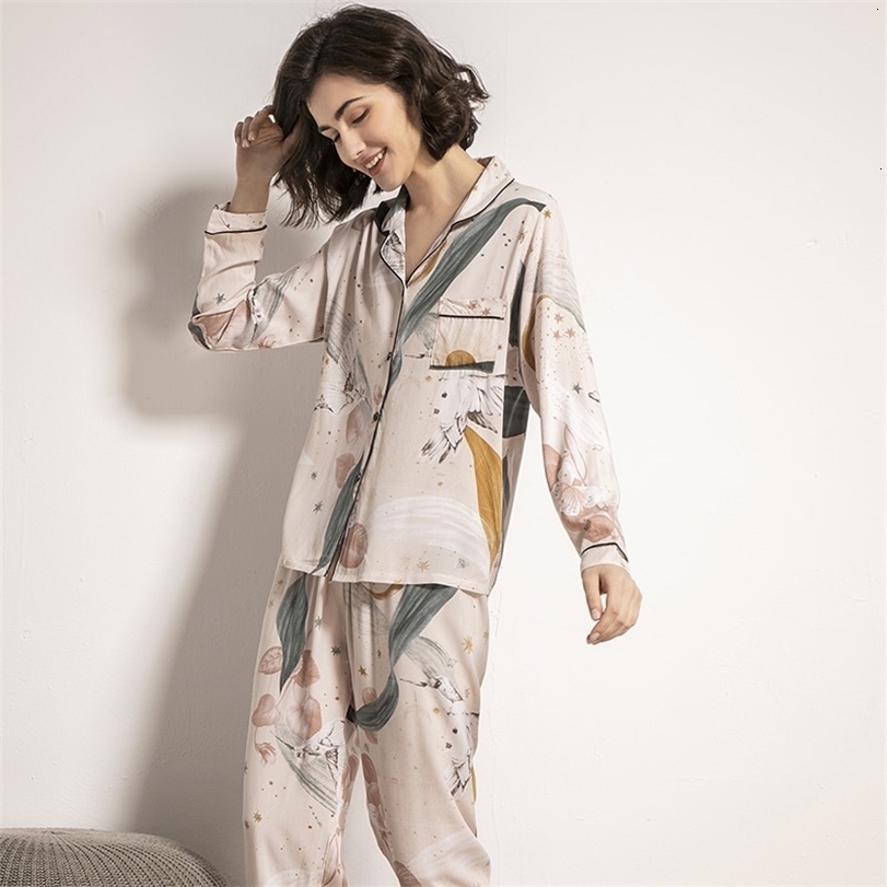 

Women's Sleepwear Sexy Pyjamas Starry Sky And Floral Printed Women Pajamas Set Comfort Viscose Full Sleeve Homewear Ladies Tender Casual Wear For Spring, Short sleeve 1