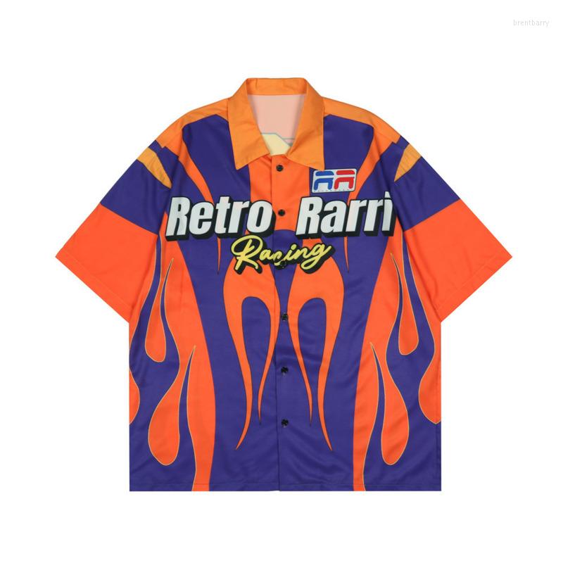 

Men's Casual Shirts Flame Letter Print Men Turn-down Collar Single Breasted Short Sleeve Patchwork Tops Loose Beach Holiday Top Summer, Purple orange