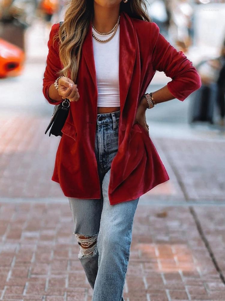 

Women' Suits Ladies Casual Office Button Long Sleeve Business Blazers Autumn Red Velvet Fashion Women Lapel Cardigan Jackets Outwear