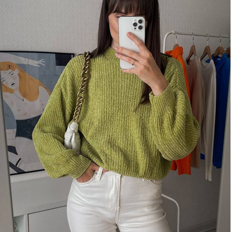 

Women's Sweaters Hirsionsan Thicken Crop Chenille Sweater Women Korean Lantern Sleeve Knitted Pullover Soft Warm Solid Female Short Jumper 221114, Orange