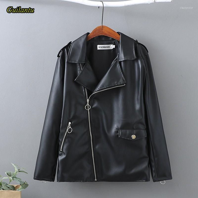 

Women's Leather Spring Women's Motorcycle Oversize Artificial Asymmetric Zip Jackets Woman Coat Faux Leahter Jacket Ladies Overcoat, Black