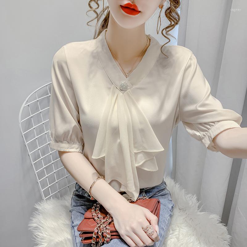 

Women' Blouses Houthion Chiffon Slim Women' Fashion Short Sleeve Top Casual Solid Color Bow Tie Pullover Summer, Apricot