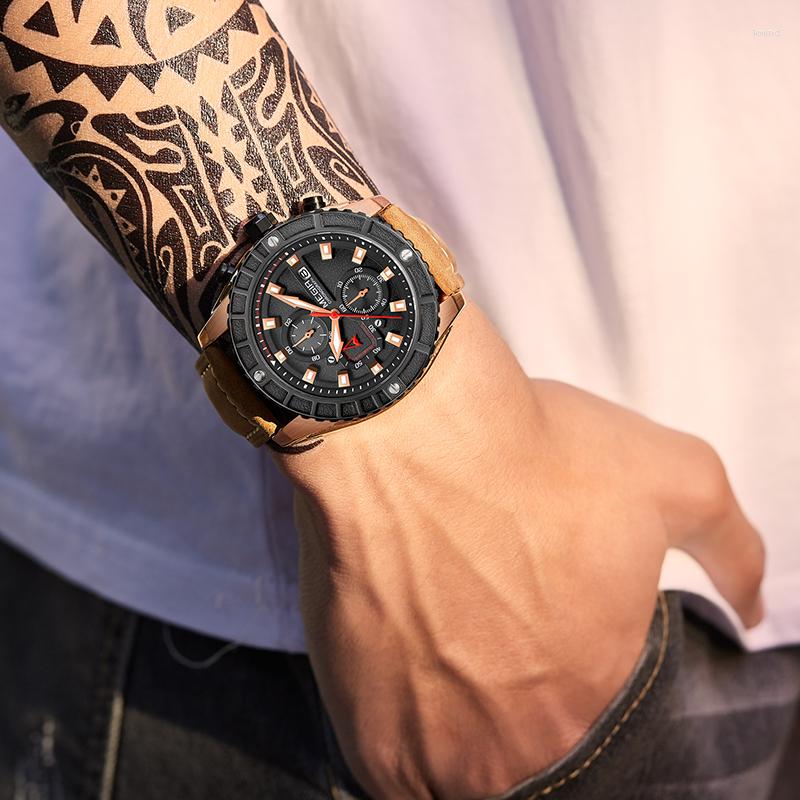 

Wristwatches Mens Chronograph Big Dial Clock MEGIR Relogio Masculino Leather Sport Quartz Date Watches Creative Army Military Watch Male, Black