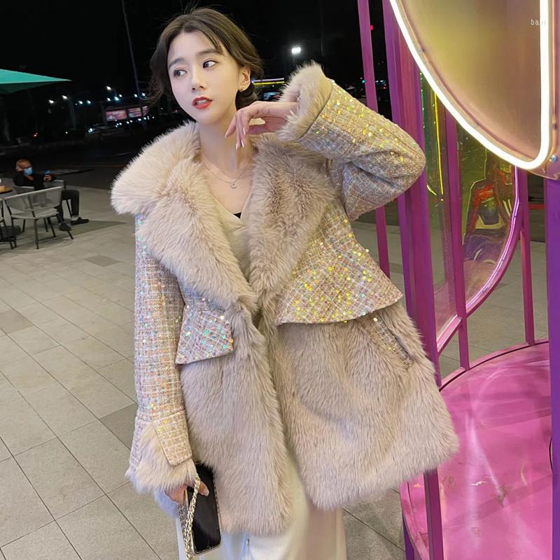 

Women' Fur Fake Jacket Women Mid-length Fashion Sequins Patchwork Thicken Outerwear Winter Loose Casual Elegant Female Faux Coat, Pink