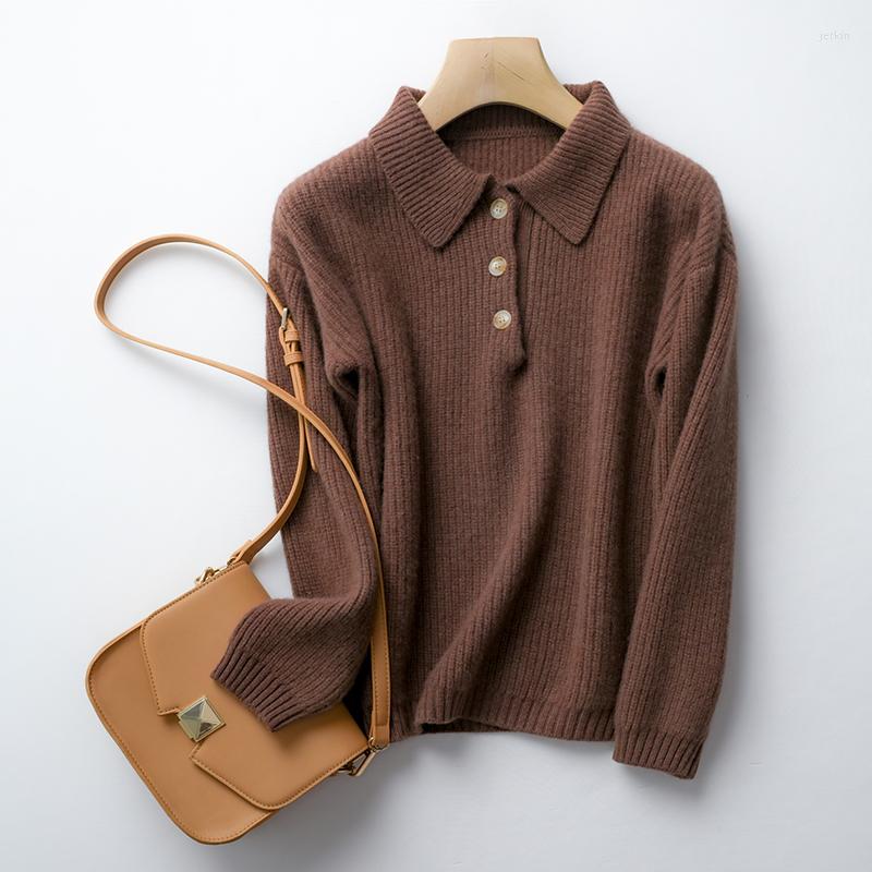 

Women' Sweaters Pure Wool Sweater Women' Pullover Loose Shirt Collar Cashmere Knitted Jacket Polo Bottoming Coat, White