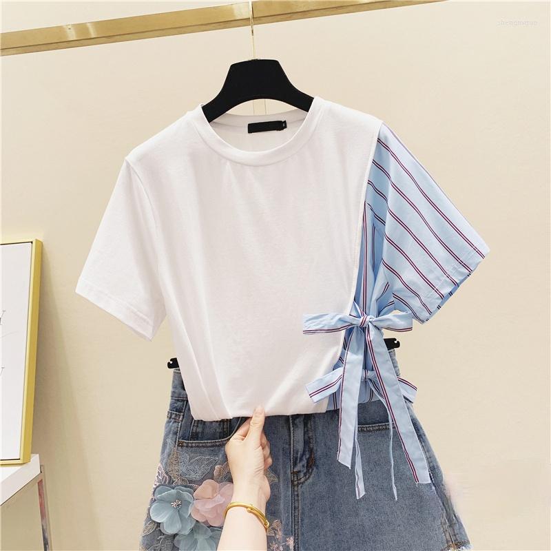 

Women' T Shirts Women' Short Sleeve T-shirt Women 2022 Summer Korean Style Loose Lace-up Striped Stitching Girls Ladies Tops Tees, White