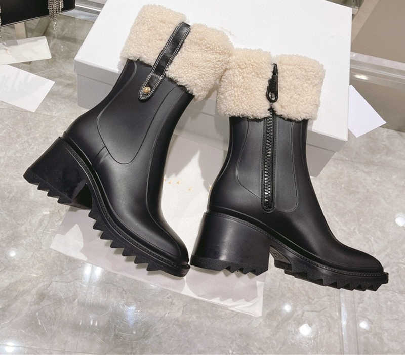 

Shoes rain boots women's new style square head middle tube thick bottom side zipper high-heeled Martin, Gray