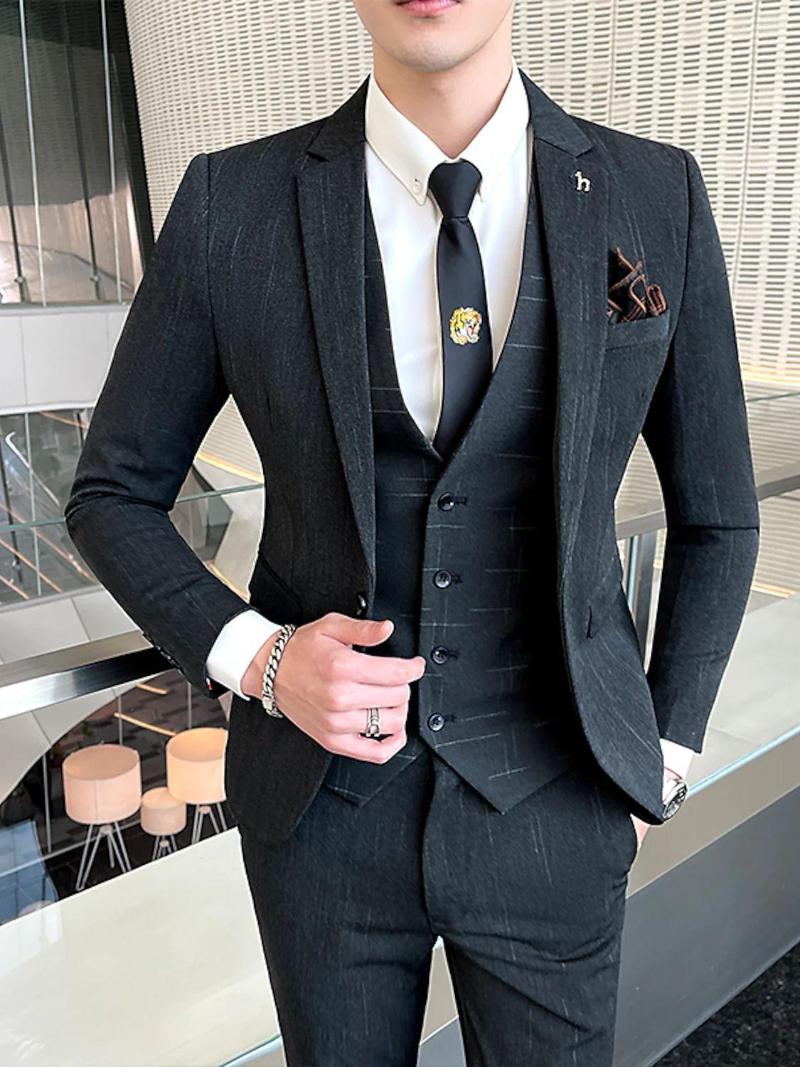 

Men's Suits Classic Stripe Business Men Slim Suit Set Wedding Notched Lapel Costume Homme 3 Piece Jacket Vest Pants Clothing, Black