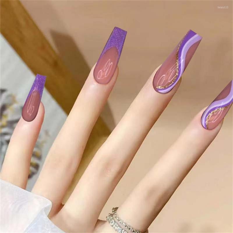 

False Nails 24Pcs Excellent Full Cover Long Luxury Glitter Lines Fake Lasting Eco-friendly For Girl