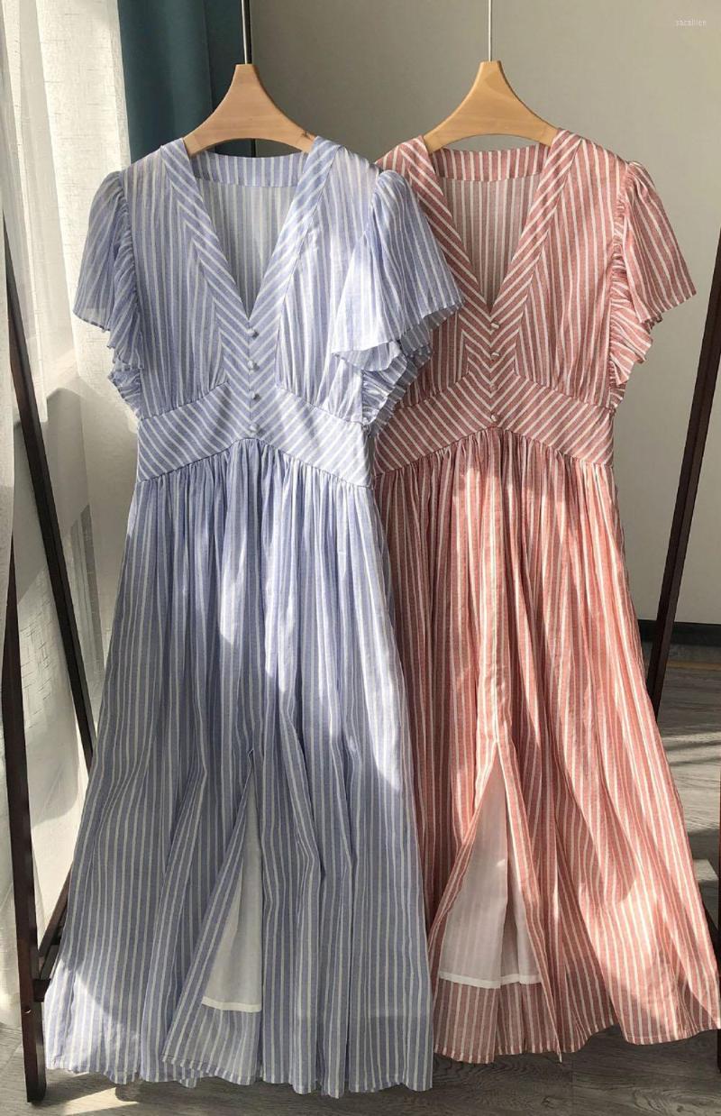 

Party Dresses Women Cotton & Ramie Blend Contrast Stripe Deep V Neckline Short Sleeve Long Dress, Style 2