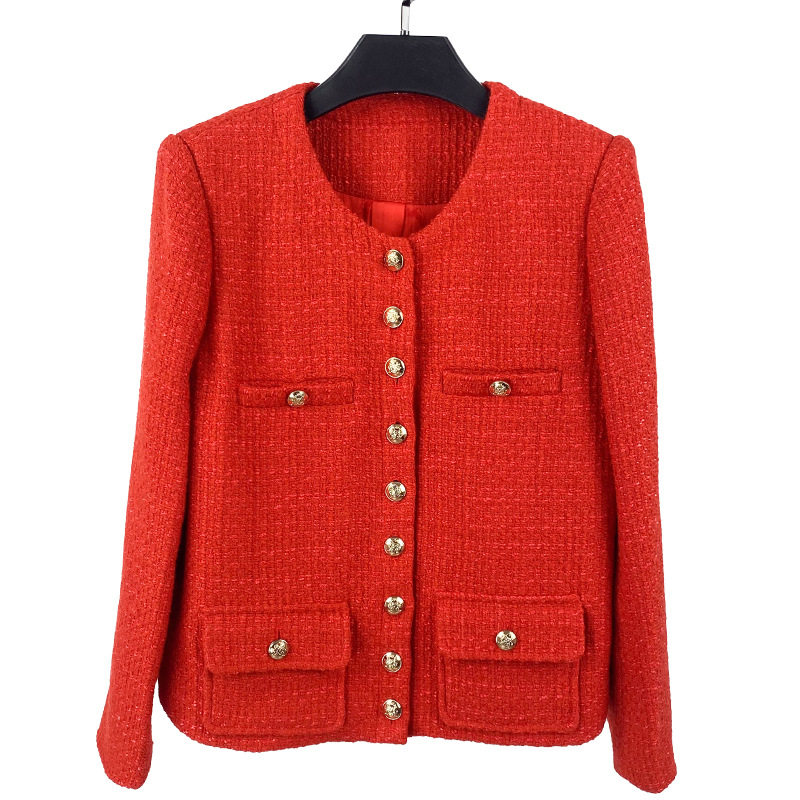 

2022 Autumn Red Solid Color Panelled Tweed Jacket Long Sleeve Round Neck Pockets Single-Breasted Jackets Coat Short Outwear A2N086386