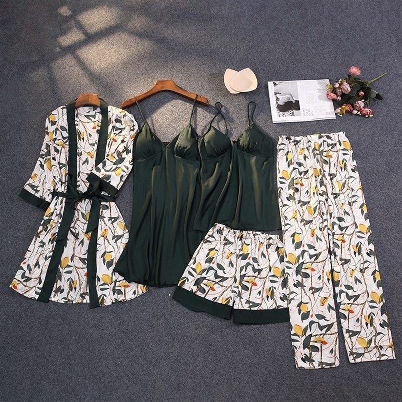 

Women's Sleepwear Sexy Pyjamas Print Pajamas Set Silky Women 5 Piece Sleepwear Satin Lace Sleep Pyjama Lounge with Belt Chest Pads Strap Home Nightwear 221113, Lake green - a- 2pcs
