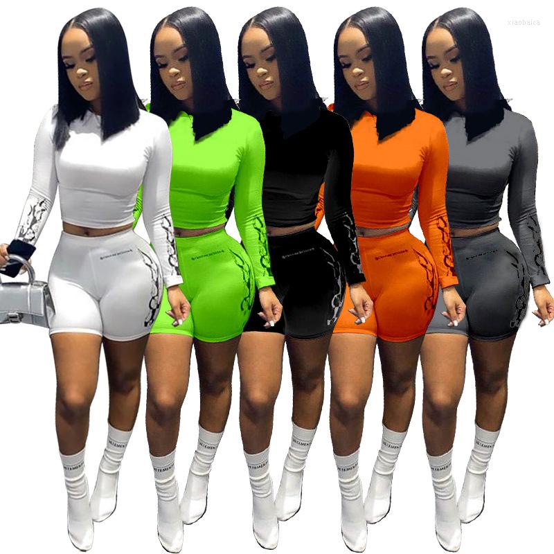 

Women' Tracksuits Women Printed Two Piece Set Long Sleeve Crop Top Bodycon Shorts Sports Jogger Gym Cloth Fitness Tracksuit Female Clothing, White