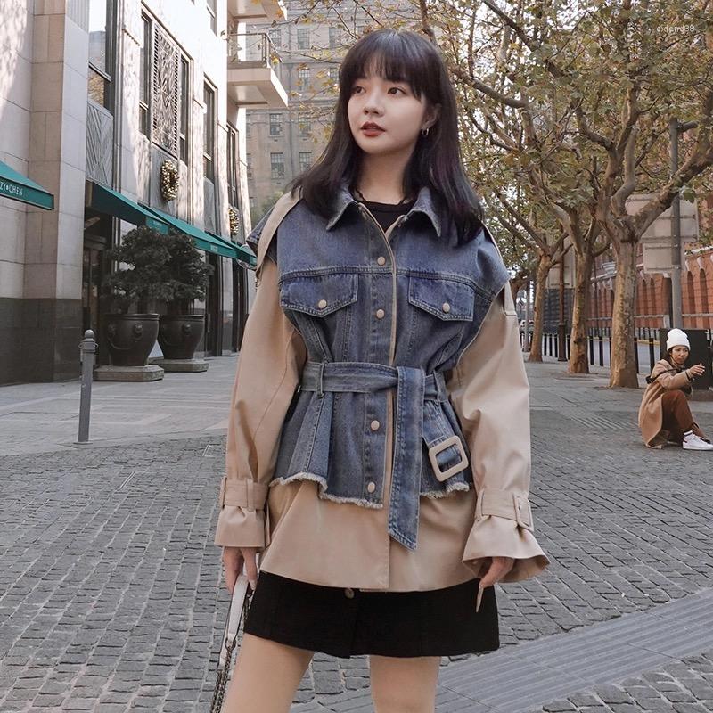 

Women' Leather Women Spring Autumn Denim Splice Jacket Female Jean Ladies Slim Adjust Waist Short Coat Windbreaker, Brown
