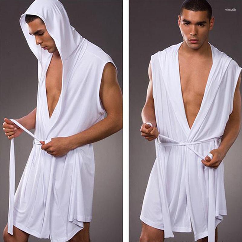 

Men' Sleepwear Men Sexy Sleeveless Robe Comfortable Soft Dreathable Hooded Sleep Bathrobe Fashion Pajamas Pyjamas Home Lounge, White