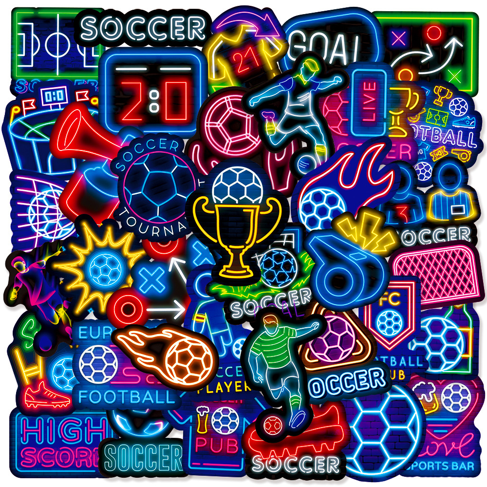 

Pack of 50P Neon Soccer Stickers No-Duplicate Waterproof Vinyl Sticker for Luggage Skateboard Notebook Water Bottle Car Decals, Multi-color
