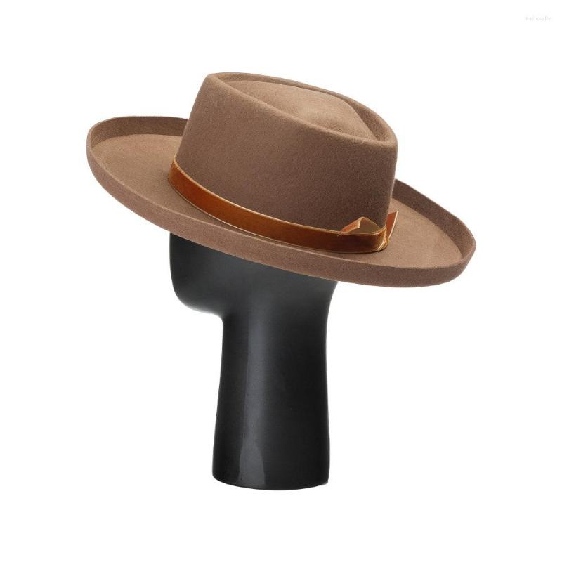 

Berets King Wheat Winter Keep Warm Wool Casual Edge Curl Retro Women Fedora Stage Show Model Felt Cap Outdoor Travel Fashion Lady Hat, Khaki
