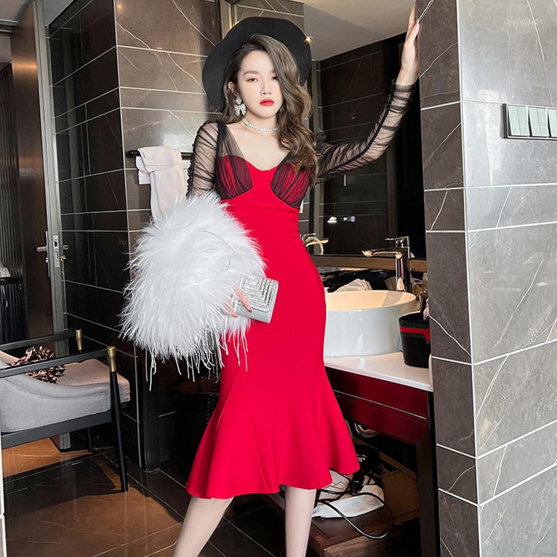 

Casual Dresses Fashion Women Retro Sexy Low-cut Square Collar Midi Party Club Dress Elegant Coffee Break Mesh Perspective Mermaid Female, Red