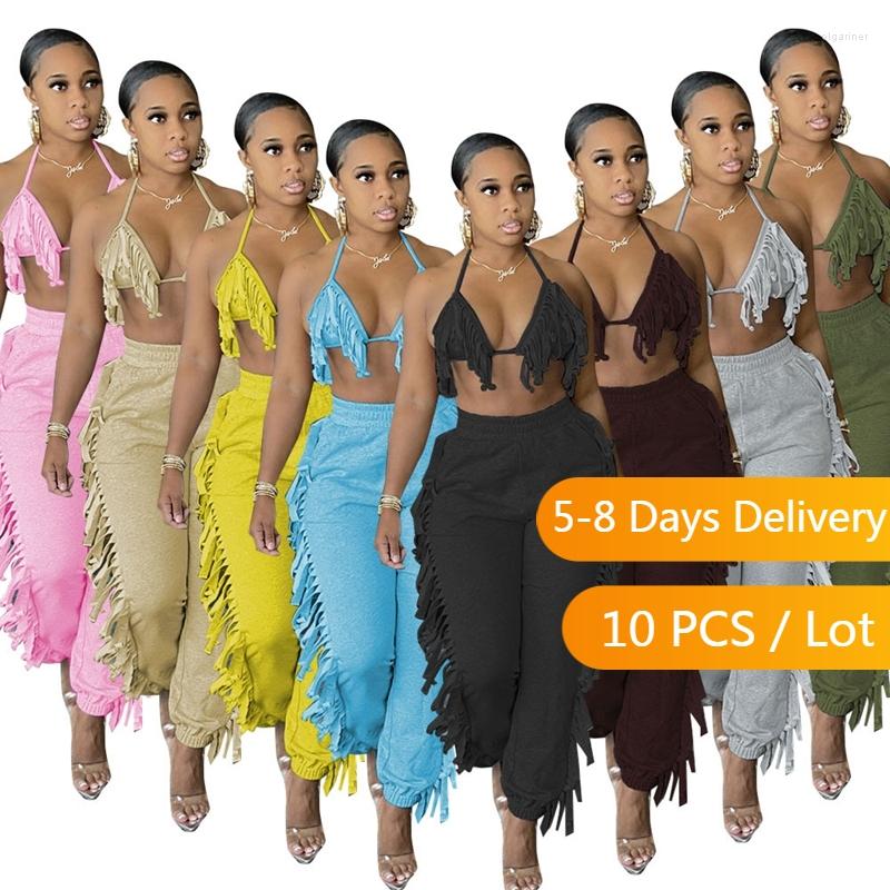 

Women' Tracksuits Bulk Items Wholesale Lots Summer Vacation Outfits For Women Tassels Halter Top And Pants Set Backless Bandage Bodycon Co, Black
