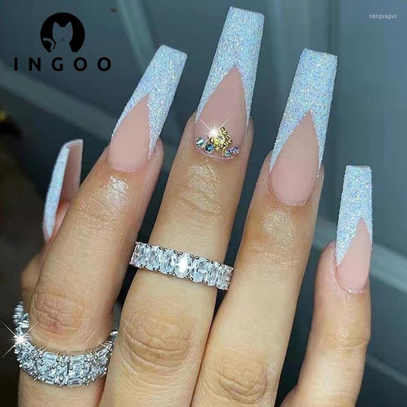 

False Nails 24Pcs Long Ballet Fake Nail Glitter French Stick On Coffin Fullcover Press Detachable Artificial Tips Art, Z160-long type