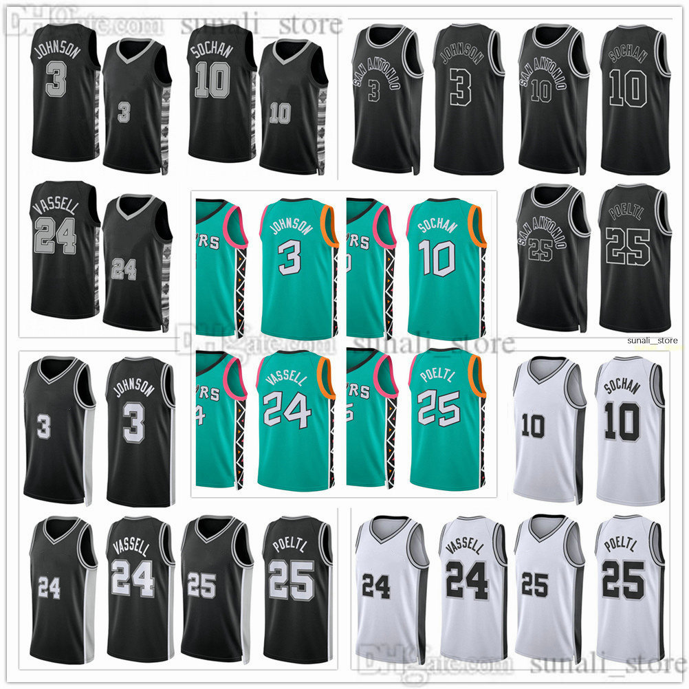 

2022-23 City Green 3 Basketball Keldon Johnson Jerseys Jeremy Sochan 10 Devin Vassell 24 Jakob Poeltl 25 Statement Black White Edition Shirts Men Women Youth Kids
