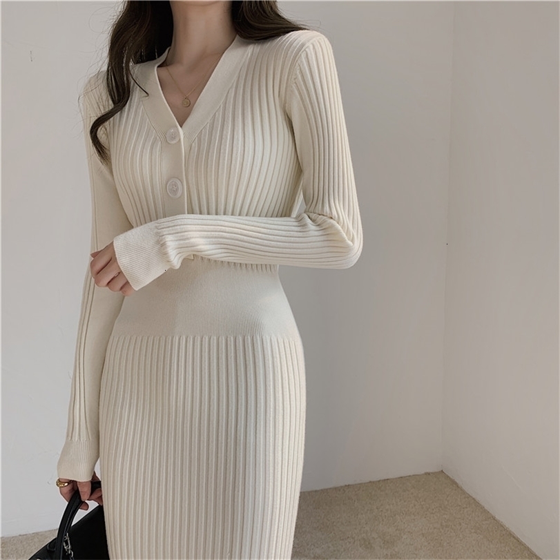 

Party Dresses Vintage Knitted Sweater Long Sleeve Women Slim Bodycon Korean Elegant Fall Winter Button V Neck Midi Woman Dress 221113, White