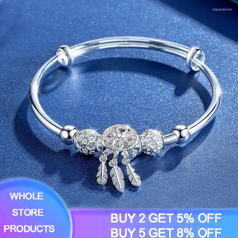 

Bangle Adjustable Silver Color Dreamcatcher Tassel Feather Round Bead Charm Bracelet &Bangle For Women Elegant Jewelry