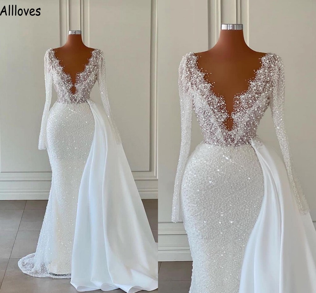 

White Pearls Sequined Mermaid Wedding Dresses Shiny With Long Sleeves Sheer V Neck Boho Bridal Gowns Satin Peplum Sweep Train Arabic Aso Ebi Robes de Mariee CL1449, Gold
