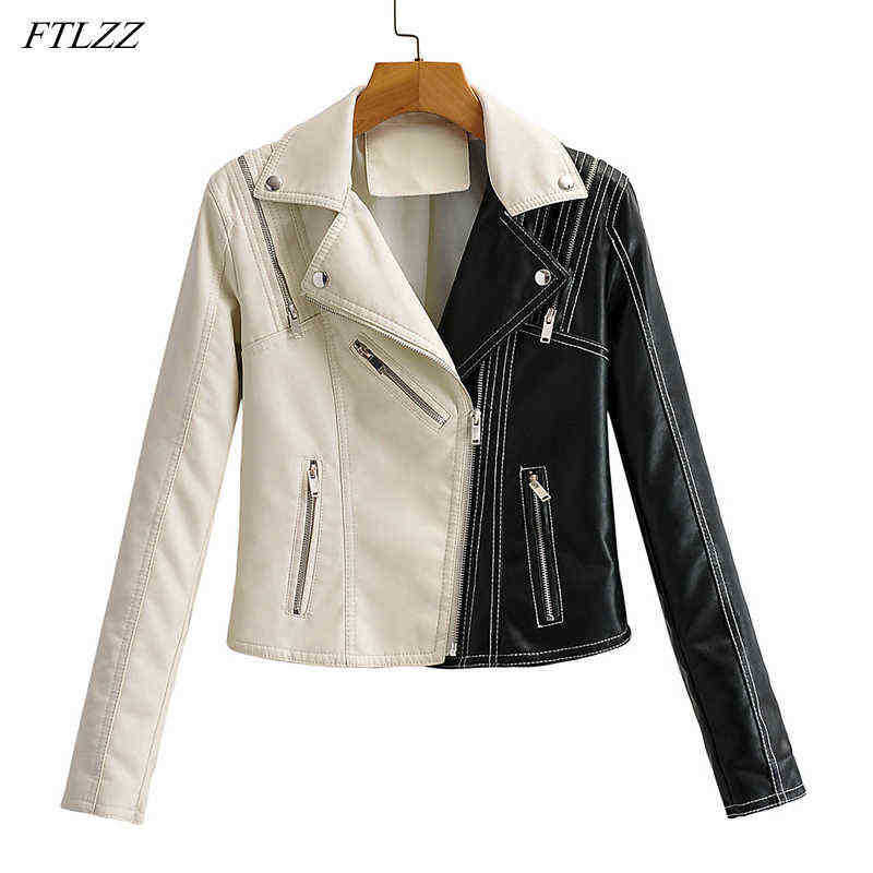 

Ftlzz Spring Autumn Women Short Faux Leather Jacket Black White Splicing Moto Bike Pu Jacket Slim Zipper Design Locomotive Outrunner J220727, Beige