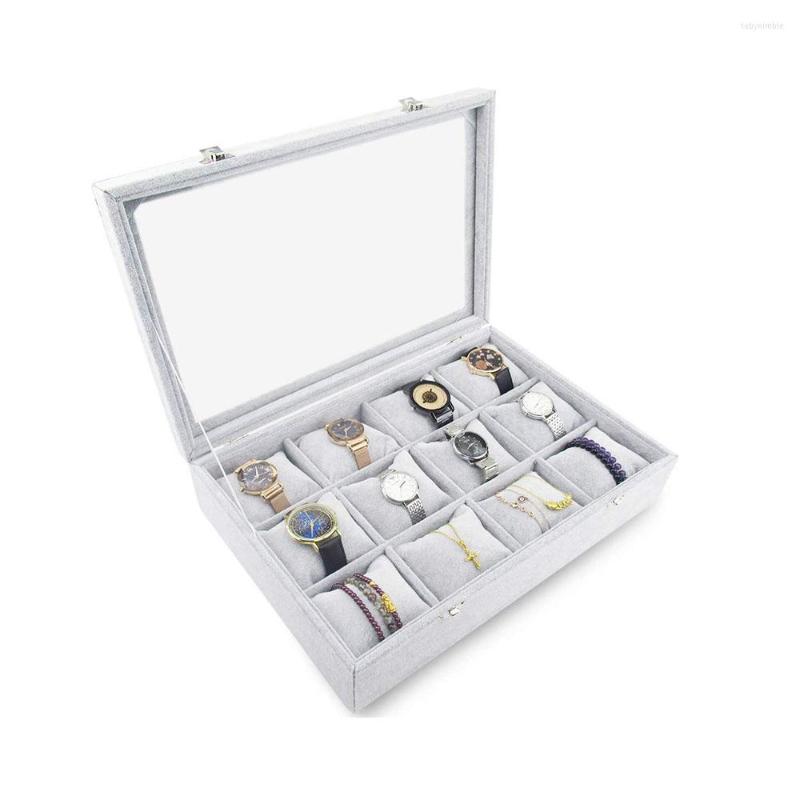 

Jewelry Pouches Gray Storage Case Stackable 12 Grid Watch Holder Display Showcase Organizer Bracelet Tray With Glass Lid & Double Locks