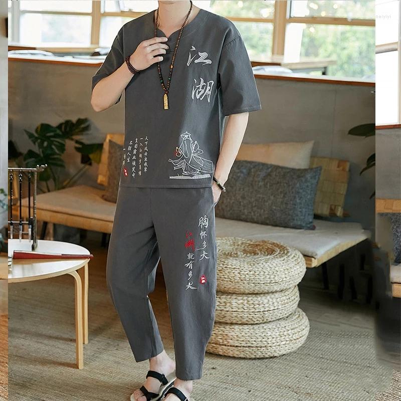 

Ethnic Clothing Summer Traditional Chinese Style Linen Tang Suit Men Hanfu Casual Print Short Sleeve T-shirt Kungfu Clothes