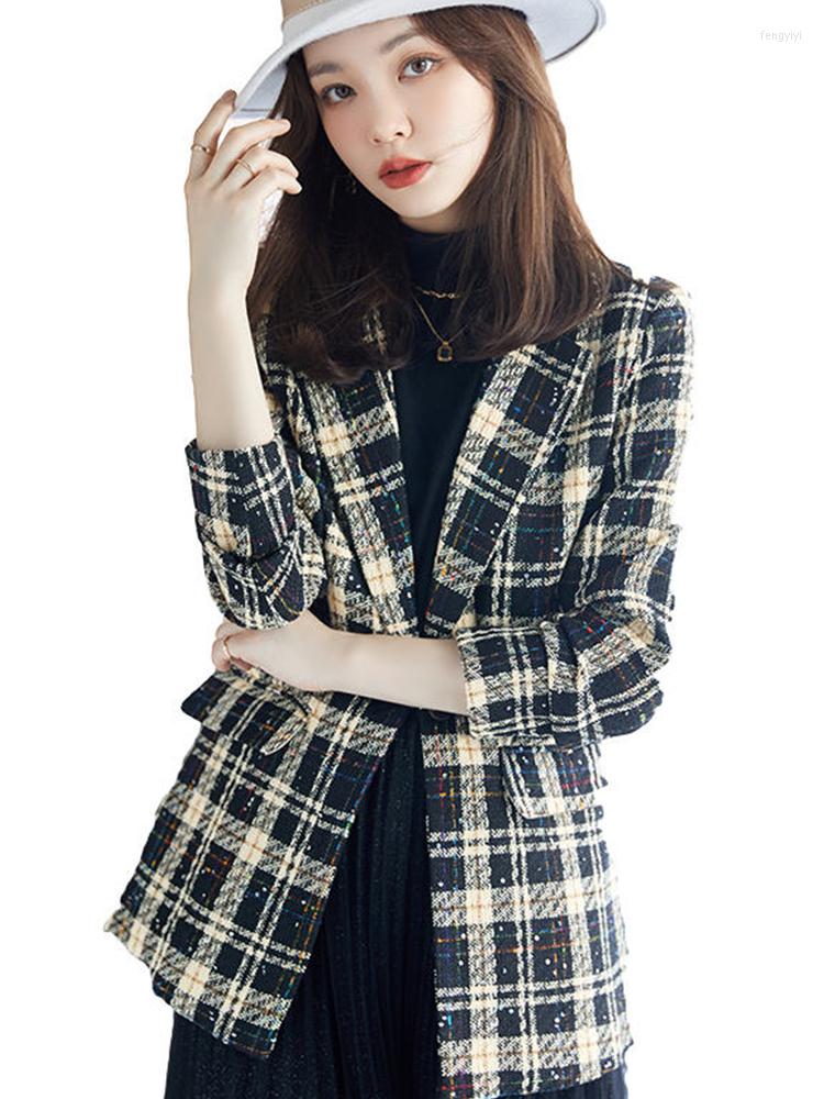 

Women' Suits High-quality Casual Plaid Blazer Women' Coats With Pocket For Women Fashion Office Lady Outwear Elegant Jacket, Black