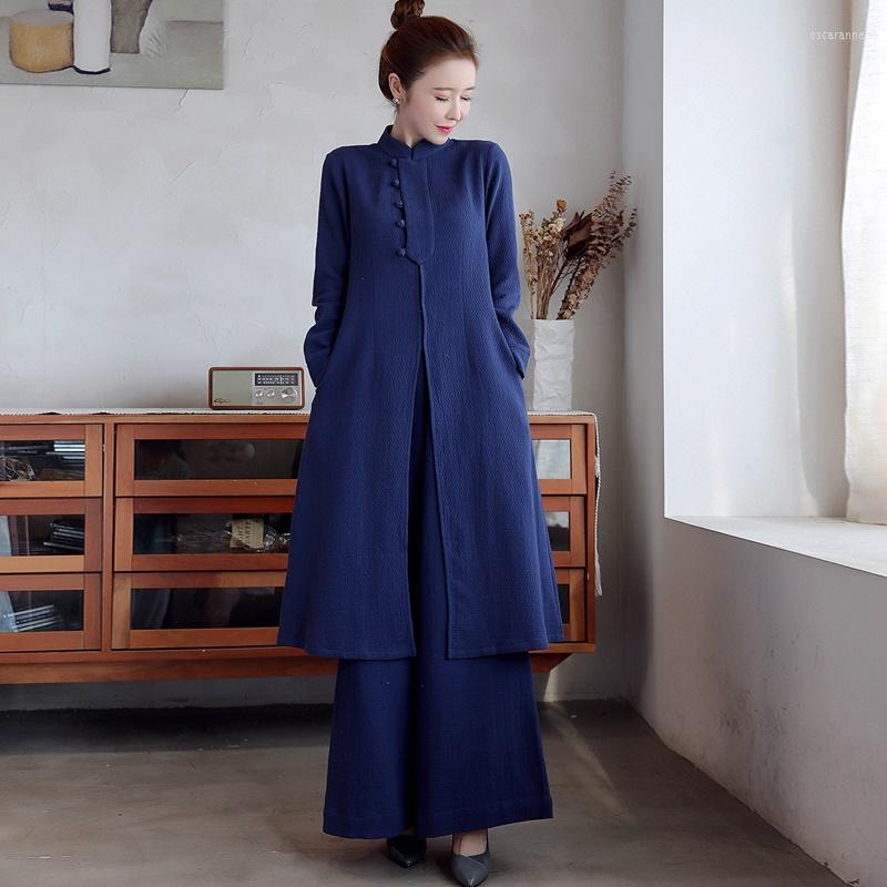 

Ethnic Clothing Chinese Style Vintage Women Hanfu Midi Qipao Two Pieces Traditional Pants Set Tang Suit Robe Orientale Clothes KK4124