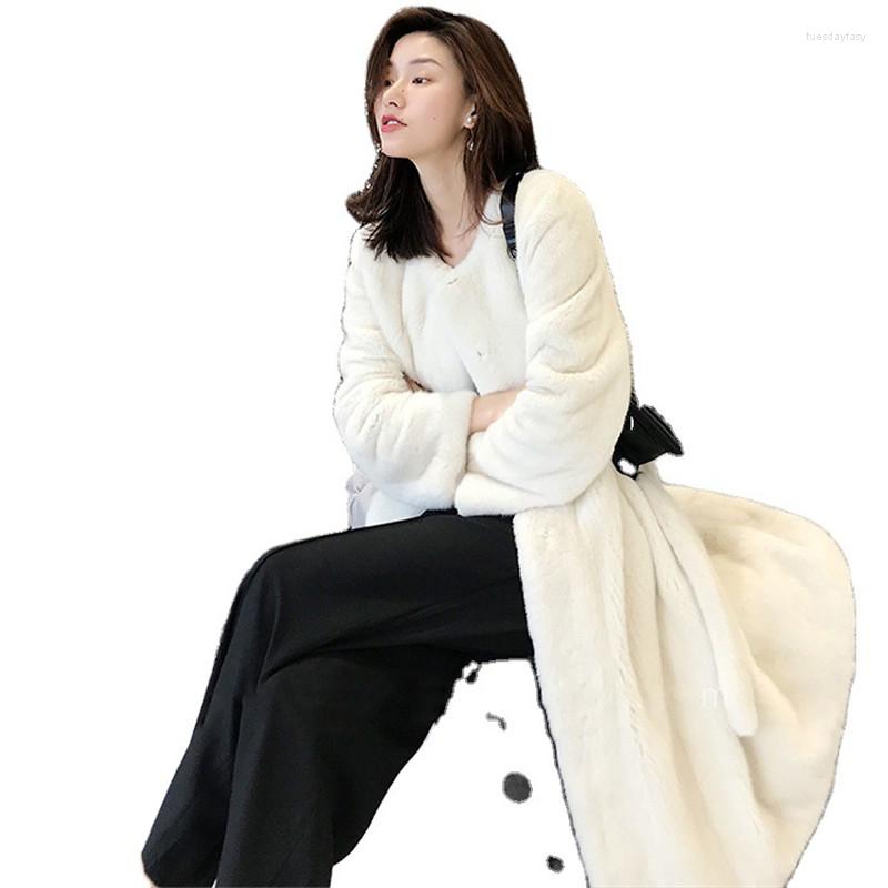 

Women's Fur Women Winter Jacket 2022 Fashion Plus Size Long Belt High-end Warm Parker Pure Color Mink White Black Coat