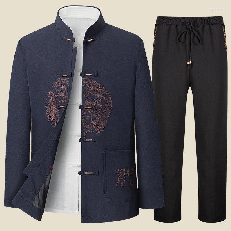 

Ethnic Clothing PLUS SIZE Tang Suit Vintage Mandarin Collar Male Tai Chi Clothes Casual Cotton Linen Men Embroidery Cheongsam With Pocket