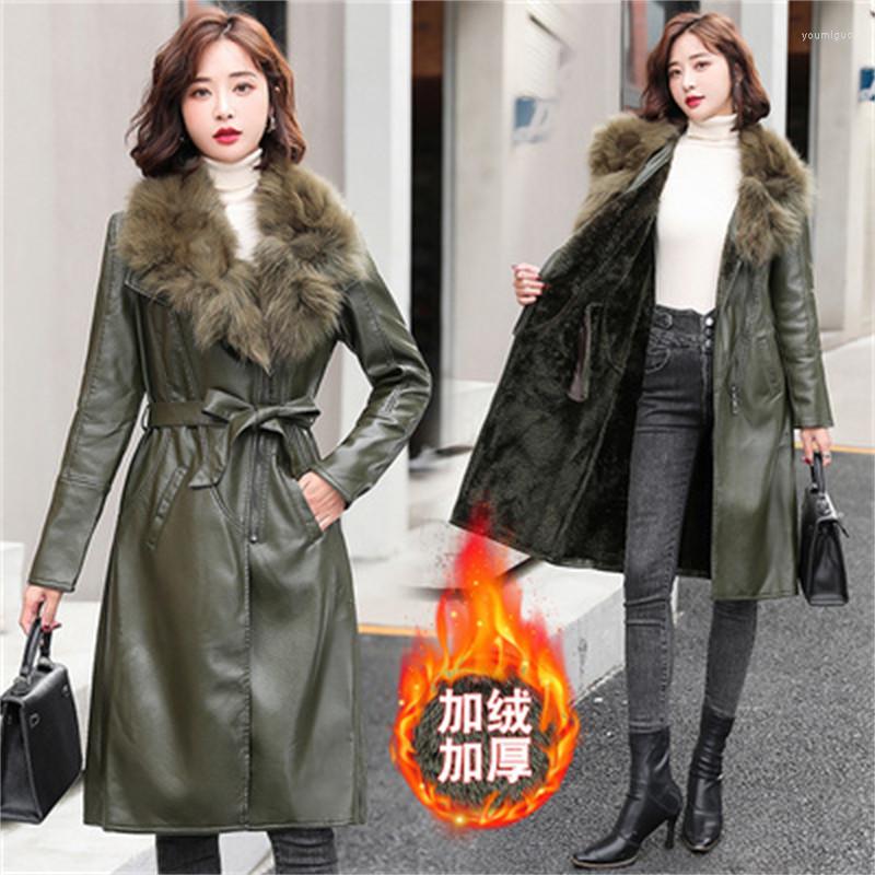 

Women's Leather Winter Real Fur Collar Plus Velvet Jacket Women 2022 Lace-up Slim Temperament Long Coat Female LR2193, Black collar