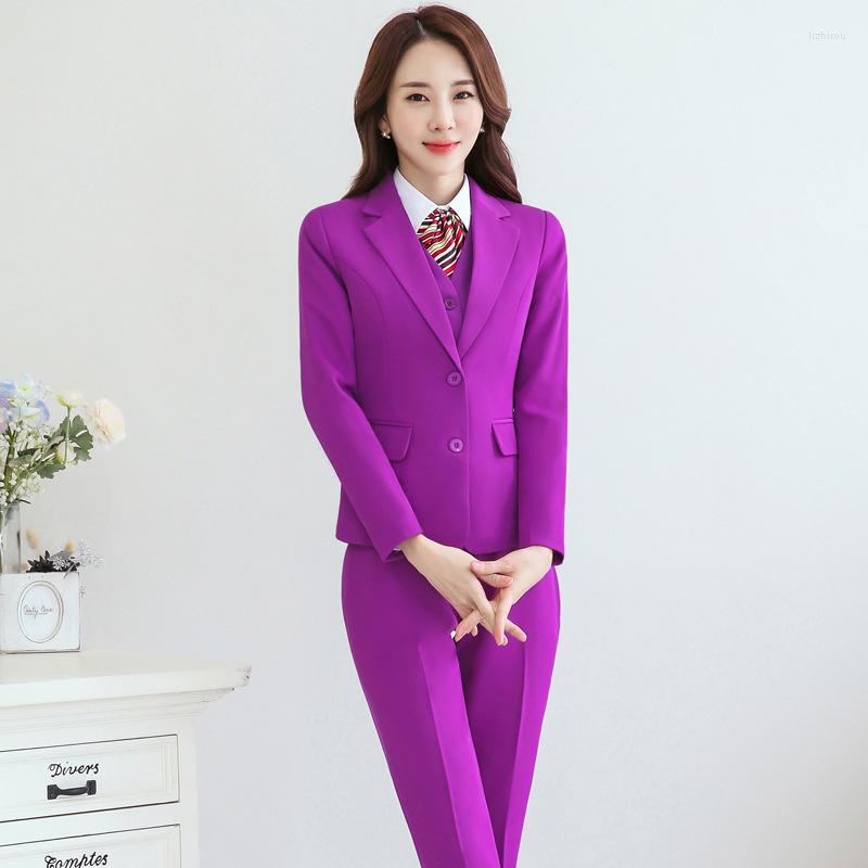 

Women' Two Piece Pants IZICFLY Spring Autumn Purple Uniform Designs Women Suits With Pant Office 2 Pieces Elegant Business Trouser Wear, Purple blazer skirt