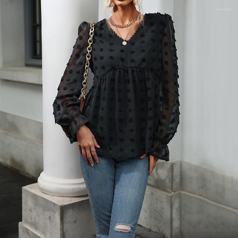 

Women' Blouses Mandylandy Women Elegant Autumn Winter Loose Shirt Top Fashion Casual Mesh Hollow Out Long Lantern Sleeve V Neck T-shirt, Black