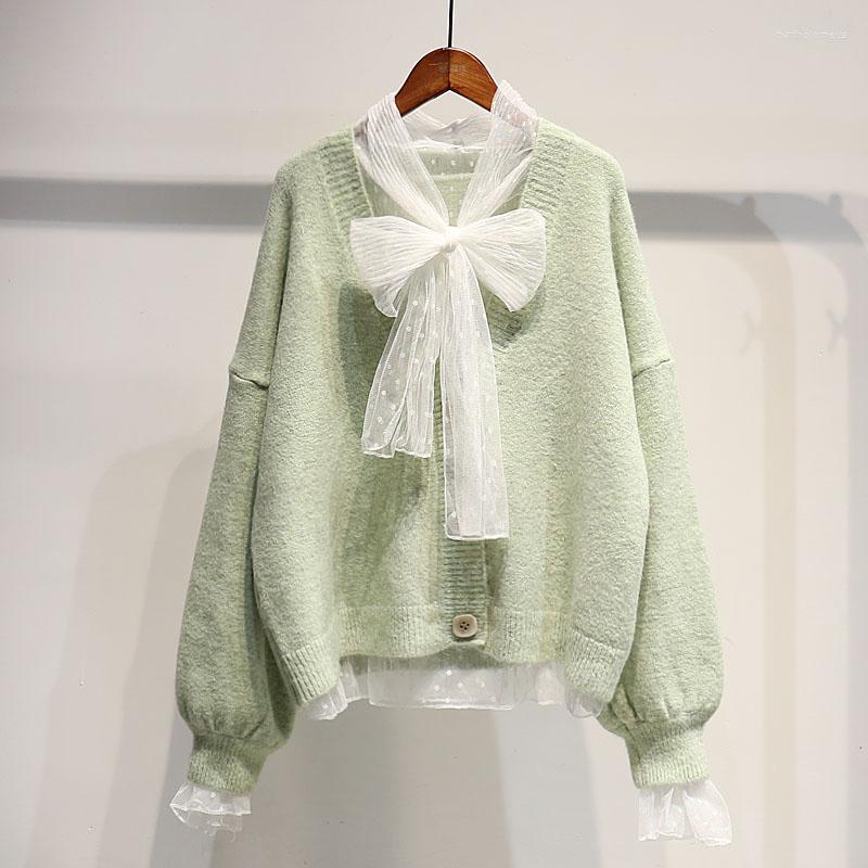 

Women's Knits Spring Autumn Sweet Solid Loose Cardigan Women Elegant Single Breasted V-Neck Korean Sweaters All-Match Knitting Coats Mw827, Creamy-white