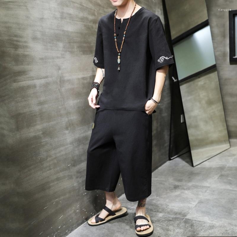 

Ethnic Clothing Traditional Chinese Style Summer Men Linen Tang Suit Short Sleeve T-Shirt Pant Set Oriental Costumes 10860