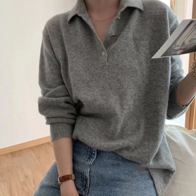 

Women's Sweaters Ladies Autumn And Winter Gray Lapel Knitted Wool Sweater Pullover Sweater Large Size Korean Casual Bottoming Shirt 221111, Accor gray color