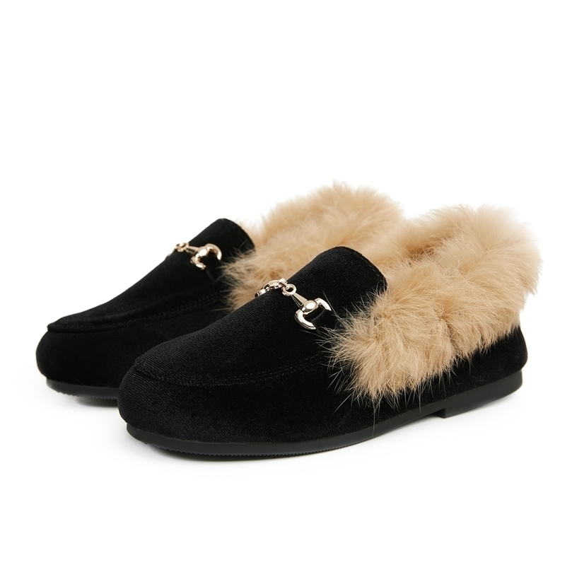 

Sneakers Kids Fur Shoes Children Velvet Baby Girls Warm Flats Toddler Black Brand Princess Loafer Chain Moccasin For Winter 221113
