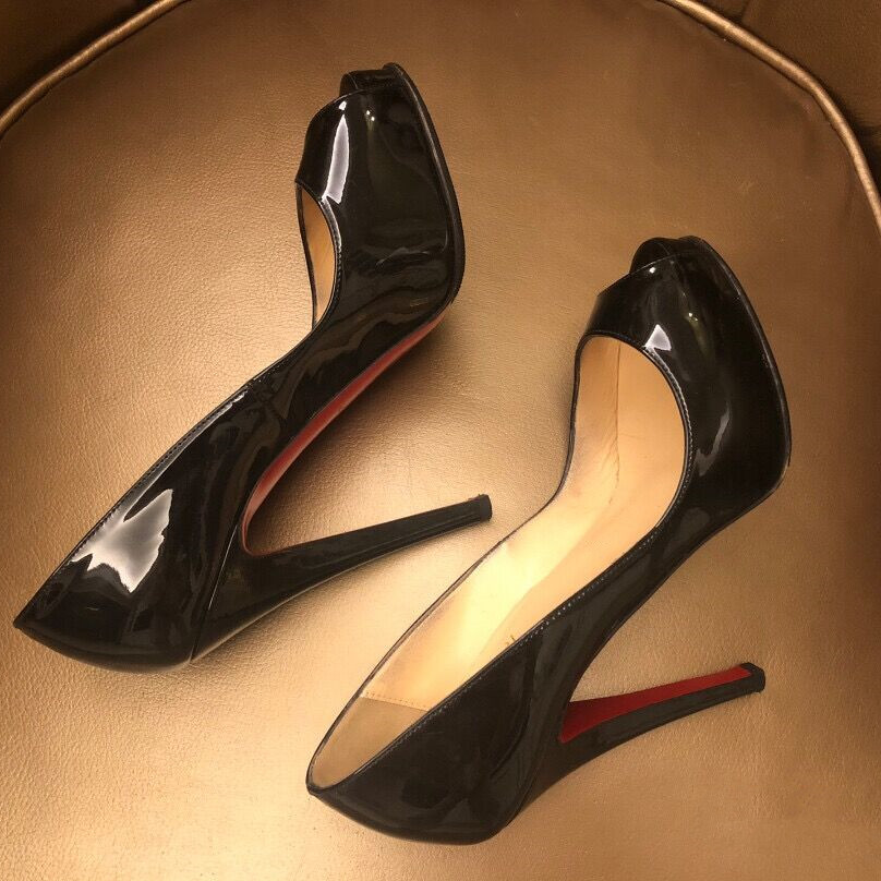 

High Heel Shoes Peep Toe Red Thick Bottom Shiny Patent Leather Super Heels 14cm 16cm Nude Black Brand Women Wedding Shoes with Box and Dust Bag 35