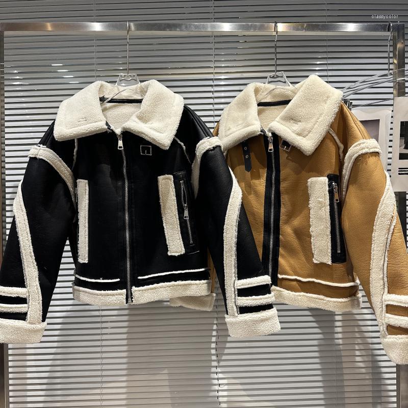 

Women's Leather 2022 Winter Zipper Pocket Fur Integrated Fleece Jacket Womens Short Coat Lamb Liner Thickened PU Jackets Woman Parka, Black