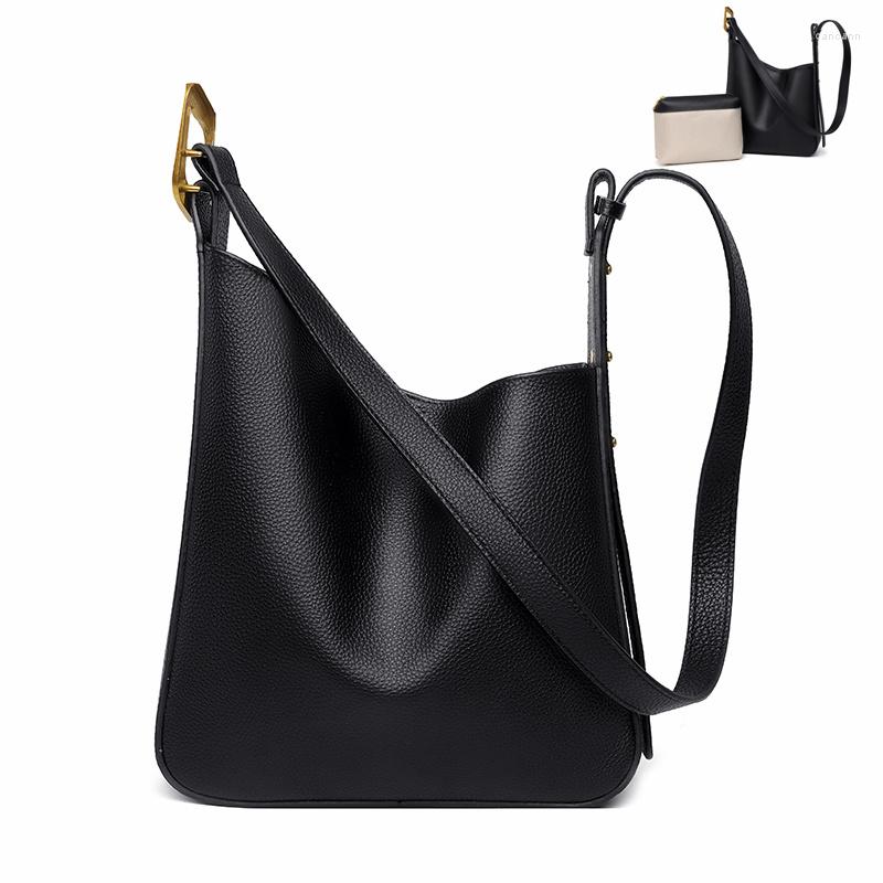 

Evening Bags Genuine Leather Women Shoulder Bag Handbag Designer Tote Wide Straps Messenger Bucket Sac, Black