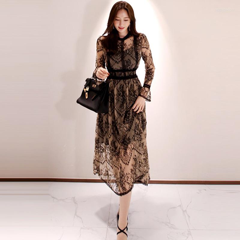

Casual Dresses Evening Midi Dress For Women Lace Perspective Elegant Temperament Chic Luxury Fashion Large Hem Sexy Female, Picture shown
