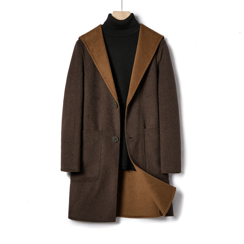 

Men's Wool Blends Autumn Winter Men's Slim Fit Wool Coat Male Cashmere Blended Long Overcoat Hooded Windbreaker Jacket Outerwear B287 221014, Coffee